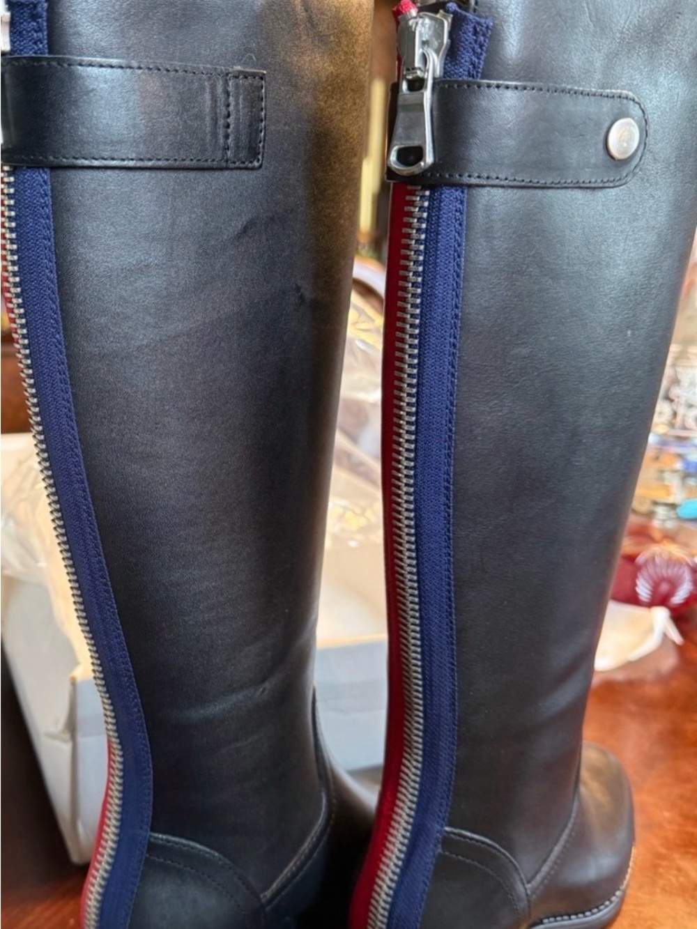 RARE Steve Madden Journal Black Riding Boots Red Back Zip Discontinued NWT, NIB!